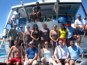 group shot of scientists on boat